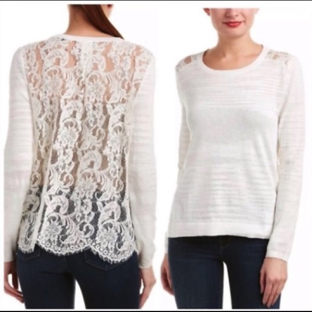 CAbi Sophia Sweater White with Lace Back Lightweight Pullover